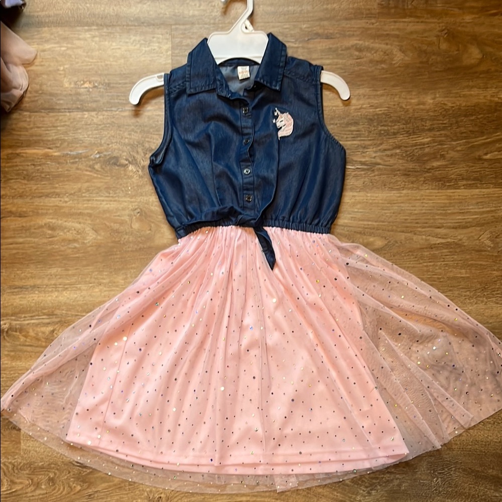 Denim and Pink Unicorn Kids Casual Dress